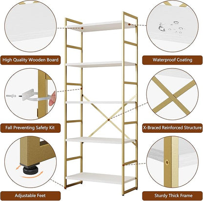 Shintenchi 5 Tiers Bookshelf, Classically Tall Bookcase Shelf,Industrial Book Rack,Modern Book Holder in Bedroom/Living Room/Home/Office, Storage Rack Shelves for Books/Movies,Gold