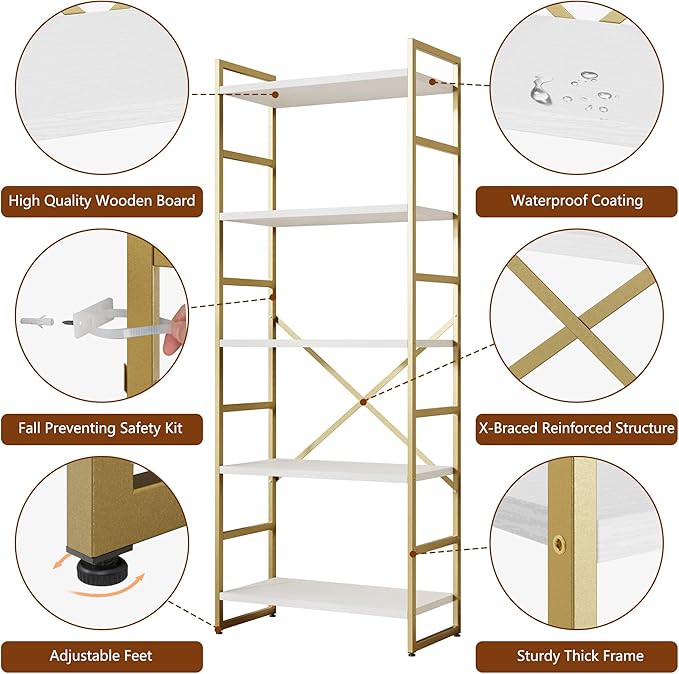 Shintenchi 2 Pieces 5 Tiers Bookshelf, Classically Tall Bookcase Shelf, Industrial Book Rack, Modern Book Holder in Bedroom/Living Room/Home/Office, Storage Rack Shelves for Books/Movies-Gold