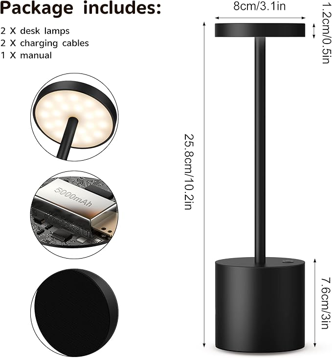 Cordless Table Lamp, Rechargeable LED Battery 5000mAh Metal USB Portable Powered Desk Lamp, 3 Levels Brightness Light for Restaurants Outdoor (10.25in Black)