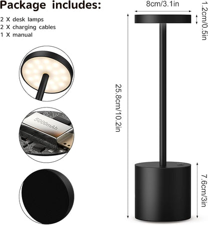 Cordless Table Lamp, Rechargeable LED Battery 5000mAh Metal USB Portable Powered Desk Lamp, 3 Levels Brightness Light for Restaurants Outdoor (10.25in Black)