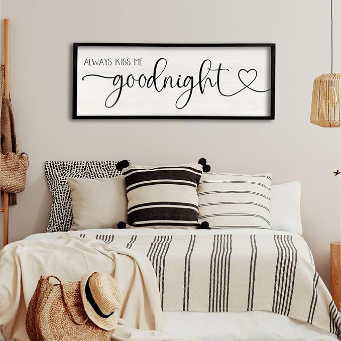 flowtorely Always Kiss Me Goodnight Wall Sign For Master Bedroom Above Bed Wall Decor 40''×15'' Large Rustic Solid Wood Frame For Farmhouse Couples Above bed Wall Art Decoration (Black)