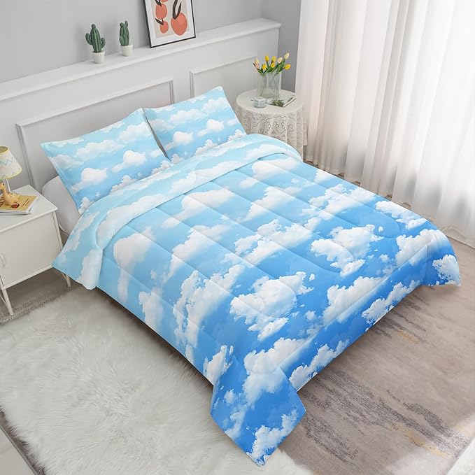 Axolotl Blue Cloud Comforter Set Queen,Light Blue Bedding Set,Cloud Sky Comforter Set Blue Sky and White Clouds Design Bedding Set,Sky Blue Comforter for Kids Girls Boys Teens,1 Quilt 2 Pillowcases
