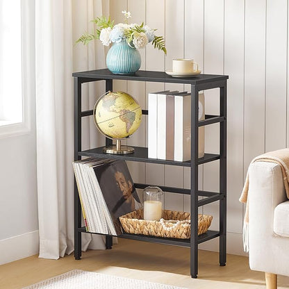 HOOBRO 3 Tier Bookshelf, Industrial Bookcase, Record Storage Rack with Side Fence, Wood Storage Shelf with Metal Frame, Rustic Open Display Shelf for Living Room, Bedroom, Black BB86CJ01