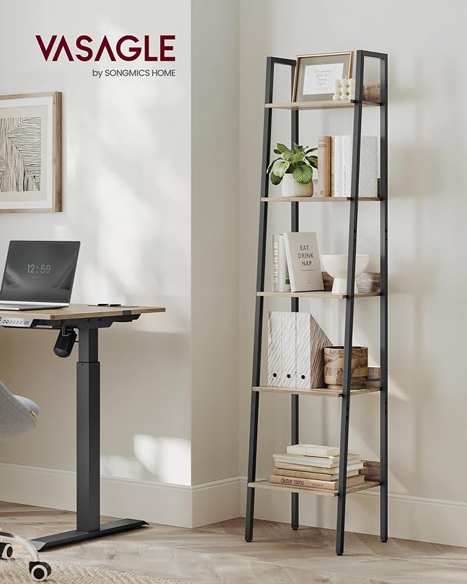VASAGLE Bookshelf, 5-Tier Narrow Bookcase, Ladder Shelf for Home Office, Living Room, Bedroom, Kitchen, Camel Brown and Black ULLS109B50V2