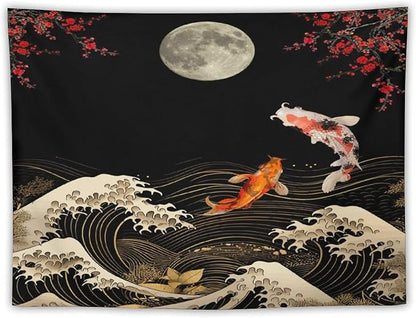 Houselerax Koi Fish Tapestry, Japanese Style Yin Yang Big Wave Cherry Blossom Tapestries Wall Hanging for Bedroom Living Room Office Decor 60"x50"