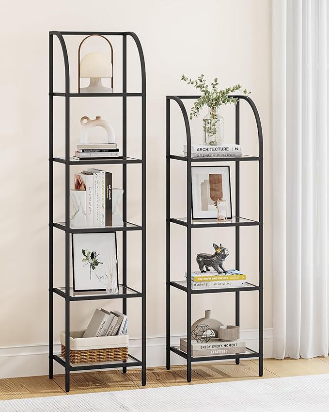 Bookcase Bookshelf, Tempered Glass Arched Bookshelf for More Storage, Slim Shelving Unit for Bedroom, Bathroom, Home Office, Steel Frame, 4 Tier Black BC20499B