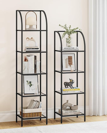 Bookcase Bookshelf, Tempered Glass Arched Bookshelf for More Storage, Slim Shelving Unit for Bedroom, Bathroom, Home Office, Steel Frame, 4 Tier Black BC20499B