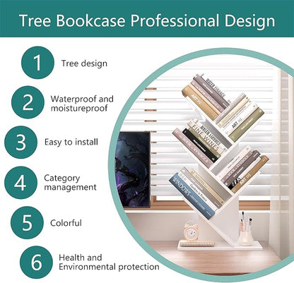 Tree Bookshelf, 5 -Tier Book Storage Organizer Shelves Floor Standing Bookcase, Wood Storage Rack for Office Home School Shelf Display for Cd/Magazine（White）