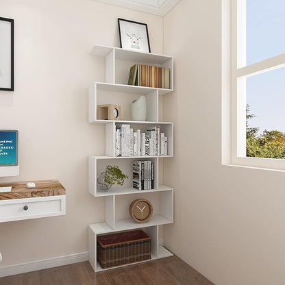Yusong S Shaped Bookshelf, Modern Geometric Bookcase, 6-Tier White Display Case Book Shelf