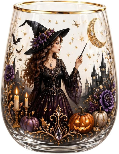 3D Halloween Autumn Glass Art Cup,Stemless Holiday Glassware Collection | Fantasy Fall Witch Wine Glasses,Holiday Printed Table Ornaments,Magical Halloween Home Decor Gifts for Various Beverages