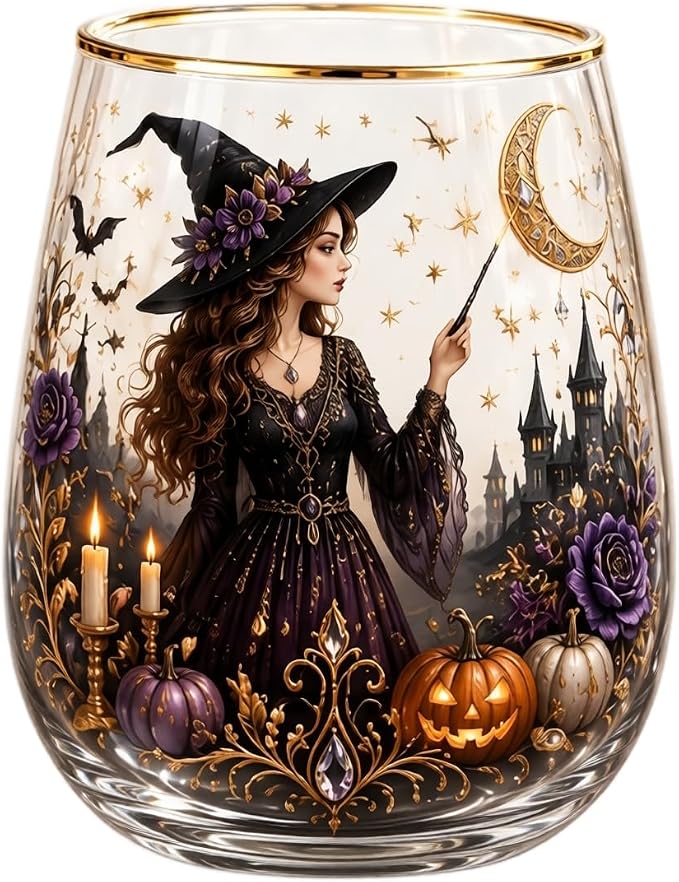 3D Halloween Autumn Glass Art Cup,Stemless Holiday Glassware Collection | Fantasy Fall Witch Wine Glasses,Holiday Printed Table Ornaments,Magical Halloween Home Decor Gifts for Various Beverages