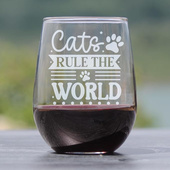 Cats Rule the World Stemless Wine Glass, Engraved Cat Lover, Unique Pet Theme Etched Kitty Fan Glassware