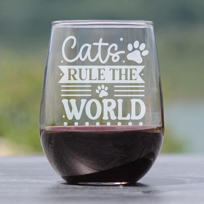Cats Rule the World Stemless Wine Glass, Engraved Cat Lover, Unique Pet Theme Etched Kitty Fan Glassware