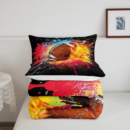 Erosebridal Football Comforter Set for Teen Boys Kids Hippie Tie Dye Sports Football Bedding Sets Rugby Bed Quilt Set King Size 1 Comforter and 2 Pillow Cases Colorful Sport Theme Bedroom Decor