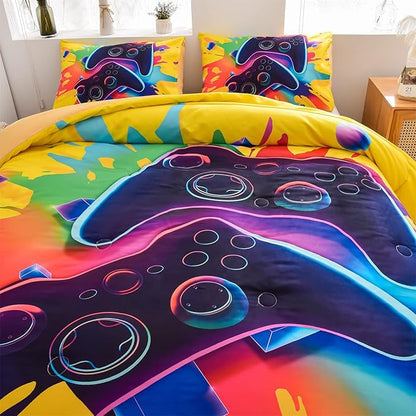 Aimuan Gamer Gaming Bedding Sets 3D Gamepad Comforter Sets for Boys Games Console Action Buttons Novelty Colorful Game Controller Modern Room Decor Home Quilt Set (Full, Yellow)