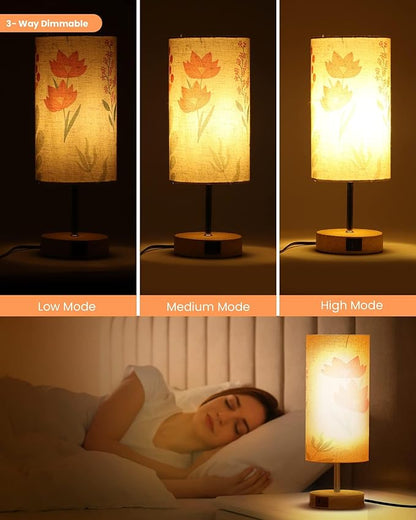 Touch Control Desk Lamp with 2 USB Ports, 3-Way Dimmable Bedside Lamp for Bedroom, Nightstand Lamp with Round Flower Fabric Shade for Living Room, Home Office (White-double)