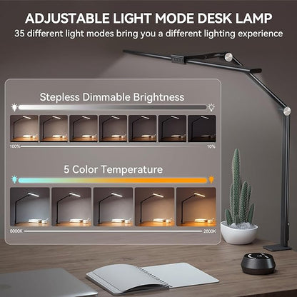 LED Desk Lamp with Clamp for Home Office, 24W Ultra Bright 7 Stepless Dimming/5 Color Modes/Timer, Architect Modern Table Lamp with Touch and Remote Control USB Charging Port for Study Reading