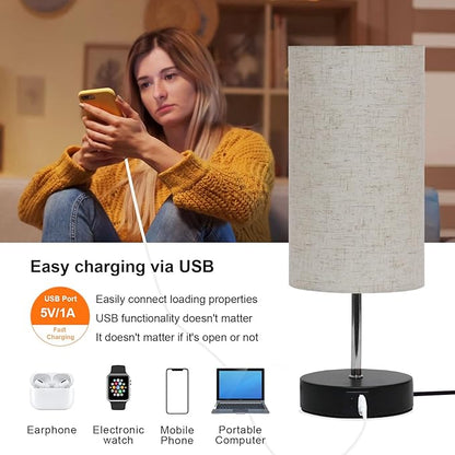 Touch Control Desk Lamp with 2 USB Ports, 3-Way Dimmable Bedside Lamp for Bedroom, Nightstand Lamp with Round Flower Fabric Shade for Living Room, Home Office (Brown-single)