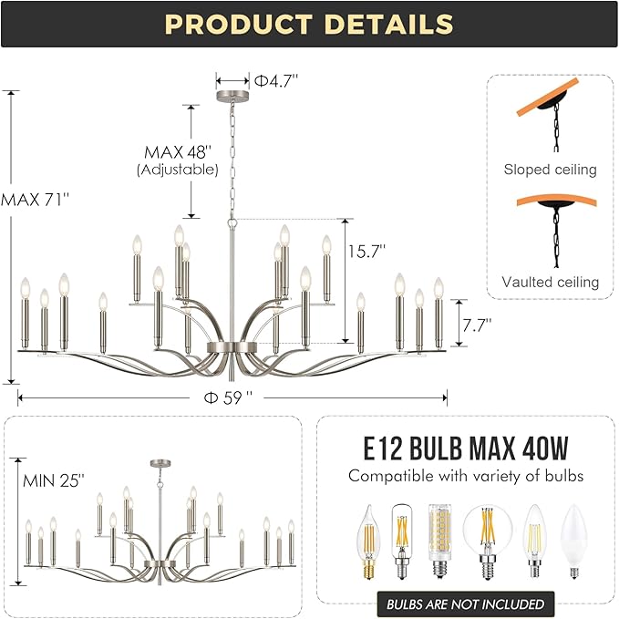 18 Light Nickel Living Room Chandelier High Ceiling Foyer Candle Chandelier Large Modern 59in Metal Chandeliers Hanging Light for Master Bedroom Dining Room Light Fixture Over Table