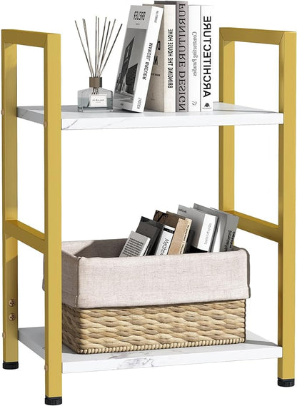 Small Bookshelf for Small Space, 2 Tier Bookcase Narrow Book Case Storage Organizer Book Shelf for Living Room, Bedroom and Office, Easy Assembly(2 Tier,Gold)
