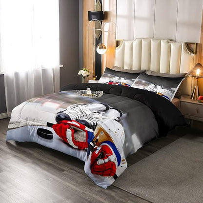 Erosebridal Ice Hockey Comforter Set Queen, Hockey Player Down Comforter for Kids Boys Girls Teens Juvenile, Sports Game Duvet Set, Soft Winter Quilted Duvet Sports Bedroom Decor for All Season