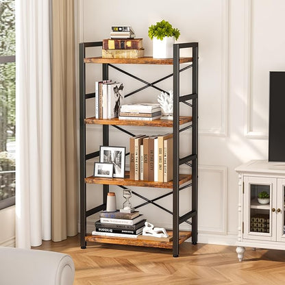 Bookshelf, 4 Tier Small Bookcase, Organizers and Storage, Metal Small Bookcase, Rustic Book Shelf Organization and Storage for Living Room, Bedroom, and Home Office(Rustic Brown)