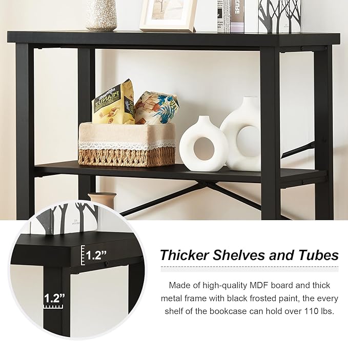 HOMBAZAAR Bookshelf, 3-Tier Vintage Industrial Book Shelf, Rustic Wood and Metal Bookcase and Bookshelves, Free Standing Storage Small Bookshelf for Living Room, Bedroom and Kitchen, Black