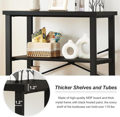 HOMBAZAAR Bookshelf, 3-Tier Vintage Industrial Book Shelf, Rustic Wood and Metal Bookcase and Bookshelves, Free Standing Storage Small Bookshelf for Living Room, Bedroom and Kitchen, Black