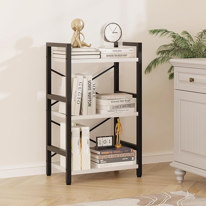 Bookshelf, 3 Tier Industrial Bookcase, Metal Small Bookcase, Rustic Etagere Book Shelf Storage Organizer for Living Room, Bedroom, and Home Office(White) Patent Pending D29873033