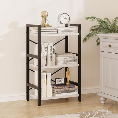 Bookshelf, 3 Tier Industrial Bookcase, Metal Small Bookcase, Rustic Etagere Book Shelf Storage Organizer for Living Room, Bedroom, and Home Office(White) Patent Pending D29873033