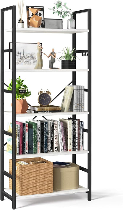 Yoobure 5 Tier Bookshelf - Tall Book Shelf Modern Bookcase for CDs/Movies/Books, Rustic Book Case Industrial Bookshelves Book Storage Organizer for Bedroom Home Office Living Room White