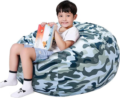 Lukeight Stuffed Animal Storage Bean Bag Chair Cover for Kids, Zipper Beanbag Chair Cover for Organizing Toddler & Kids' Rooms Plush Toys (Camo Velvet, Large)