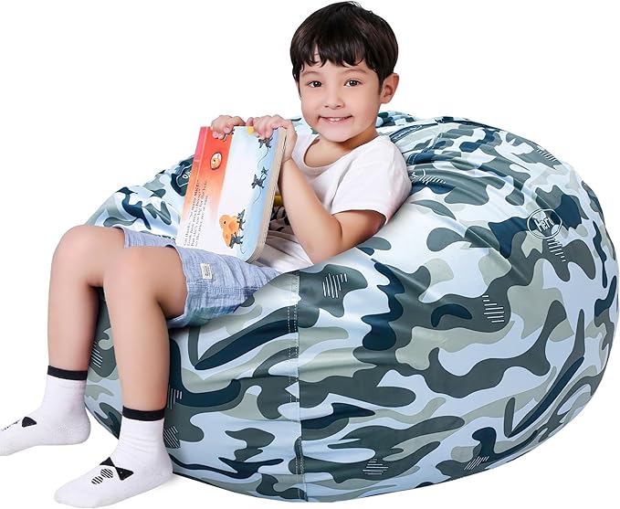 Lukeight Stuffed Animal Storage Bean Bag Chair Cover for Kids, Zipper Beanbag Chair Cover for Organizing Toddler & Kids' Rooms Plush Toys (Camo Velvet, X-Large)