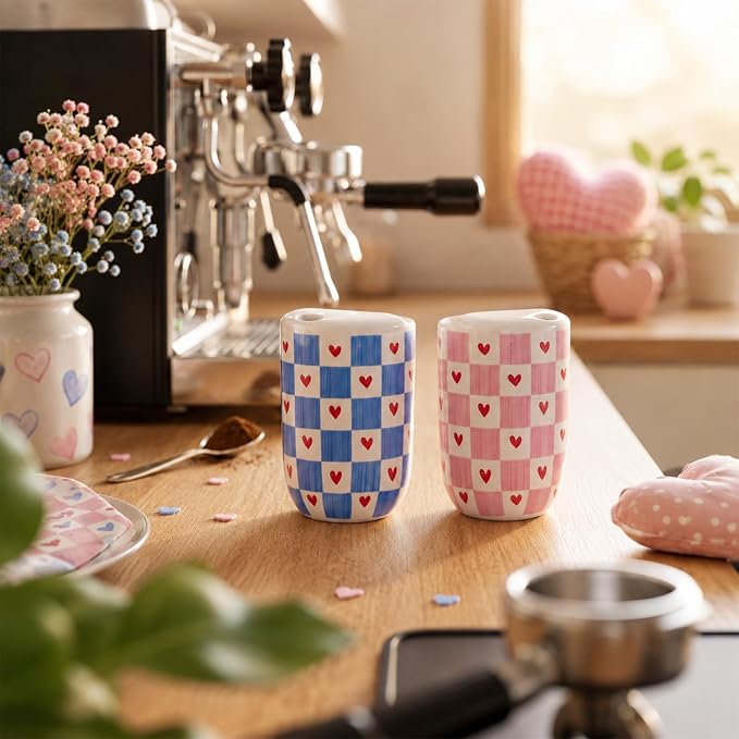 Hushee 2 Pack 16 oz Ceramic Coffee Mugs with Sip Hole, Retro Hand-painted Ceramic Travel Mug, Cute Blue Pink White Hearts Plaid Design, Microwave & Dishwasher Safe, Ideal Gifts for Coffee Lovers
