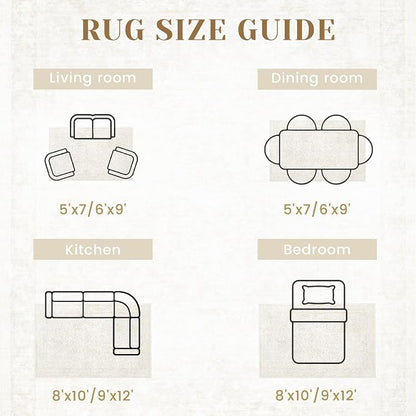 Bedroom Rug Washable Large Area Rugs Foldable Low Pile Print Non Slip Boho Patterned Rugs for Bedroom Living Room Dining Home Office (Floral Beige, 5'x7')