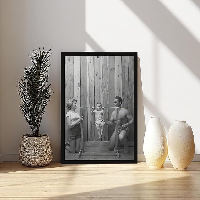 UXCBIA Baby Doing Pull-ups, Bodybuilder Family Black And White Retro Poster Canvas Poster Bedroom Decor Sports Landscape Office Room Decor Gift Black Frame 12x18in(30x45cm)