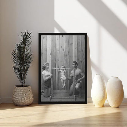 UXCBIA Baby Doing Pull-ups, Bodybuilder Family Black And White Retro Poster Canvas Poster Bedroom Decor Sports Landscape Office Room Decor Gift Black Frame 12x18in(30x45cm)