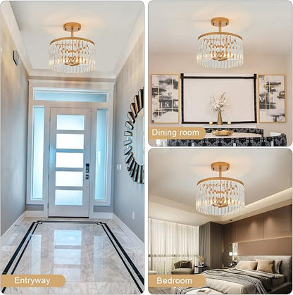 12" Gold Semi Flush Mount Crystal Ceiling Light Fixtures for Kitchen Modern Industrial 2-Light Small Chandeliers Lighting for Bedroom Entryway Hallway Living Dining Room Foyer