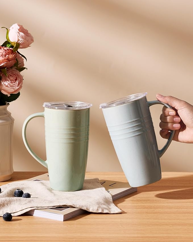 famiware Jupiter Large Coffee Mug, 20oz Coffee Mug with Lid, Ceramic Mugs Set of 4, Cup Set with Handle for Latte, Tea, Cocoa, Milk, Microwave and Dishwasher Safe, Light Blue and Light Green