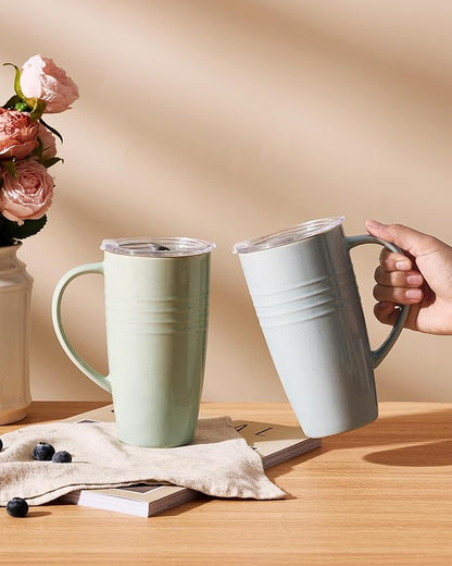 famiware Jupiter Large Coffee Mug, 20oz Coffee Mug with Lid, Ceramic Mugs Set of 4, Cup Set with Handle for Latte, Tea, Cocoa, Milk, Microwave and Dishwasher Safe, Light Blue and Light Green