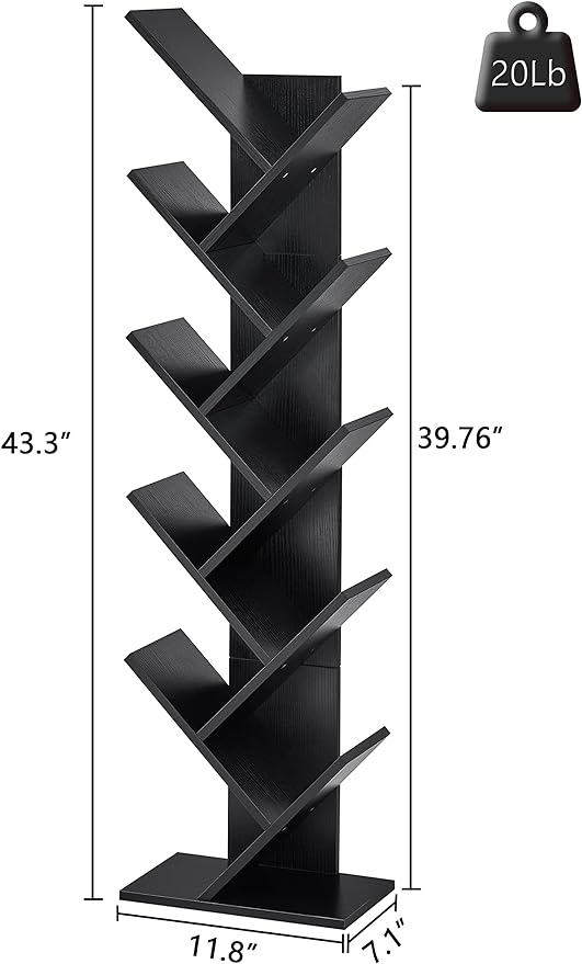 Hoctieon 10 Tier Tree Bookshelf, 10 Shelf Bookcase, Free Standing Tree Bookcase, Display Floor Standing Shelf for Books, Book Organizer Shelves for Home Office, Living Room, Bedroom, Black