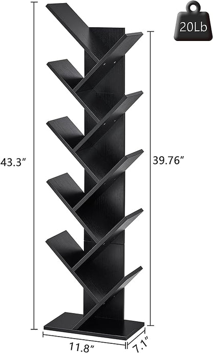 Hoctieon 10 Tier Tree Bookshelf, 10 Shelf Bookcase, Free Standing Tree Bookcase, Display Floor Standing Shelf for Books, Book Organizer Shelves for Home Office, Living Room, Bedroom, Black