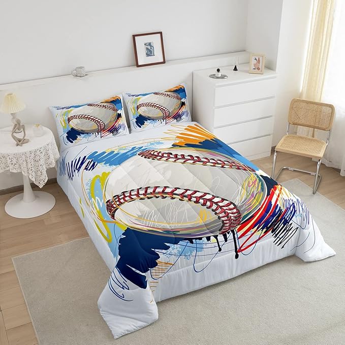 Erosebridal Baseball Comforter Set for Boys Kids Twin Grunge Graffiti Baseball Bedding Set Sports Theme Bed Comforter Sets Watercolor Hippie Tie Dye Quilt Duvet 1 Pillow Case Hand Drawn Navy