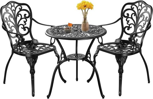 Bistro Table and Chairs Set of 2, Cast Aluminum Patio Furniture, Outdoor Bistro Set 3 Piece with Umbrella Hole for Balcony Porch Yard