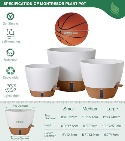 montresor 12/10/8 Inch Self Watering Pots for Indoor Plants Plastic Large Pot for Outdoor Plants, Water Level Window & Spacious Reservoir Flower Pots Decorative Planter with Drainage and Tray (White)