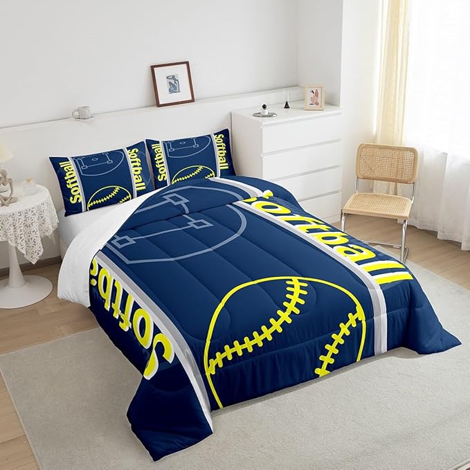 Feelyou Kids Softball Comforter Set King Size Sports Game Bedding Set for Boys Girls Teens Bedroom Decor Baseball Comforter Softball Gaming Theme Duvet Set with 2 Pillow Case