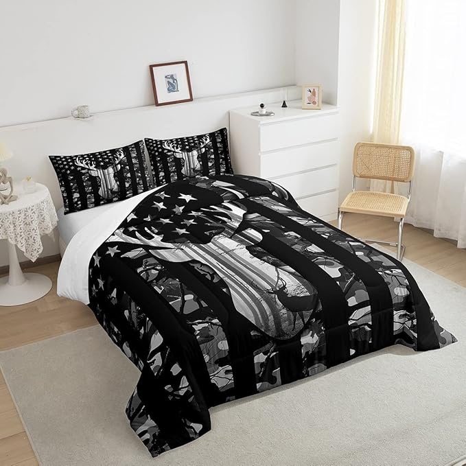 Black Grey Camo Comforter Set King Size,Camouflage American Flag Bedding Set,Deer Antlers Silhouette Down Comforter,Kids Teens Adults Bedroom Decor,Xmas Animal Rustic Duvet Insert,3Pcs,2 Pillowcases