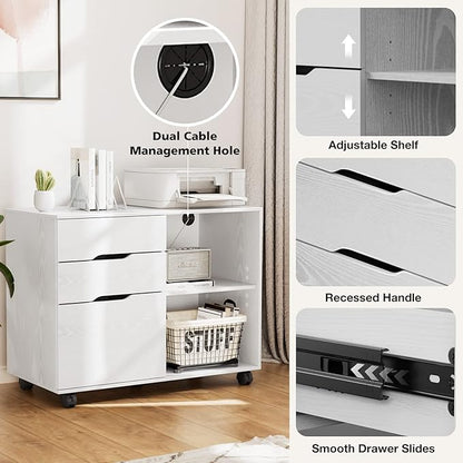 Sweetcrispy 3 Drawer File Cabinet Organizer Lateral Printer Stand Rolling Desk with Adjustable Storage Shelves for Office Home Small Space, White Wood