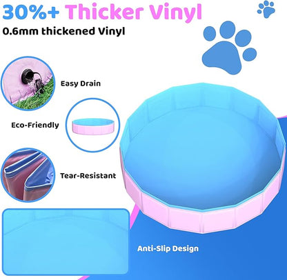 2025 Updated Foldable Dog Pool, 87" x 12" Kiddie Pool with Hard Plastic, Non-Slip Dog Bath Tub for Outdoor Backyard, Collapsible Dog Swimming Pool for Kids Dogs Pets (Pink)