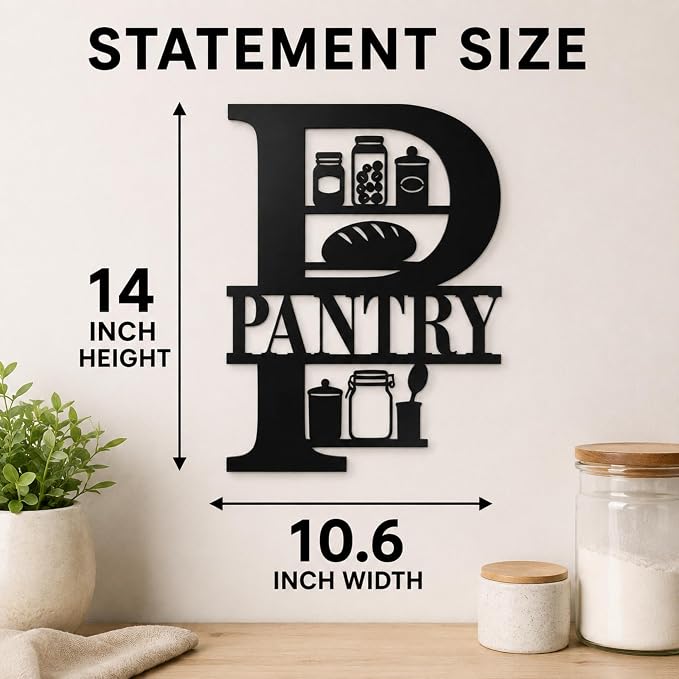 Pantry Metal Wall Decor, Farmhouse Kitchen Pantry Sign, 14 Inch | 14-inch matte black metal pantry sign with pre-drilled holes for farmhouse, rustic, modern, or industrial kitchen decor.